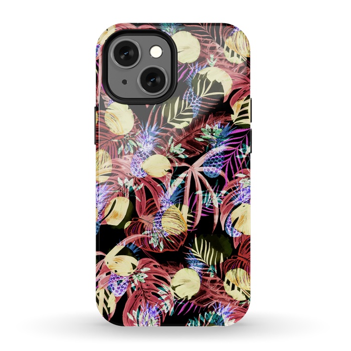 iPhone 13 mini StrongFit Colourful painted tropical leaves and pineapples by Oana 