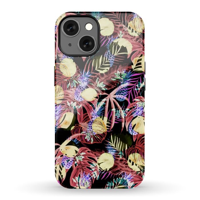 iPhone 13 StrongFit Colourful painted tropical leaves and pineapples by Oana 