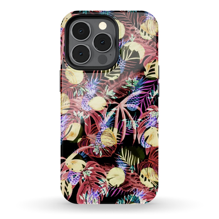 iPhone 13 pro StrongFit Colourful painted tropical leaves and pineapples by Oana 
