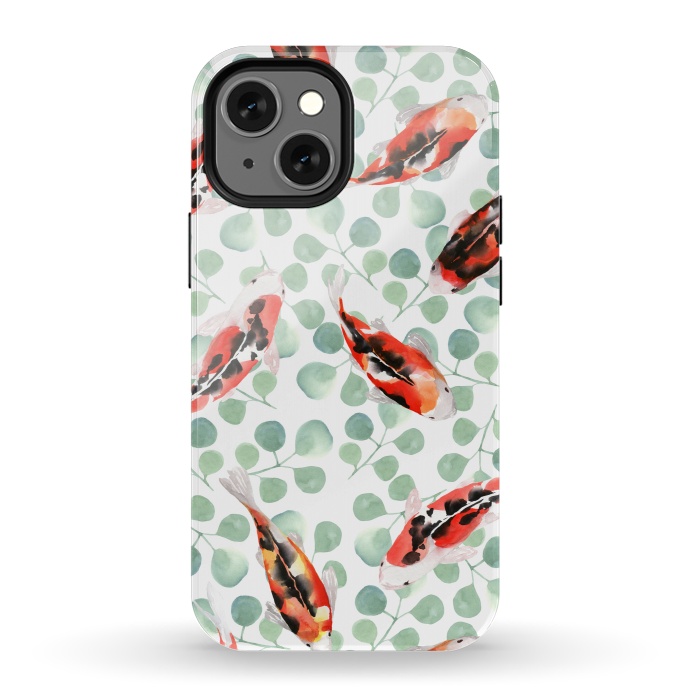 iPhone 13 mini StrongFit Koi fish. White pattern by Julia Badeeva