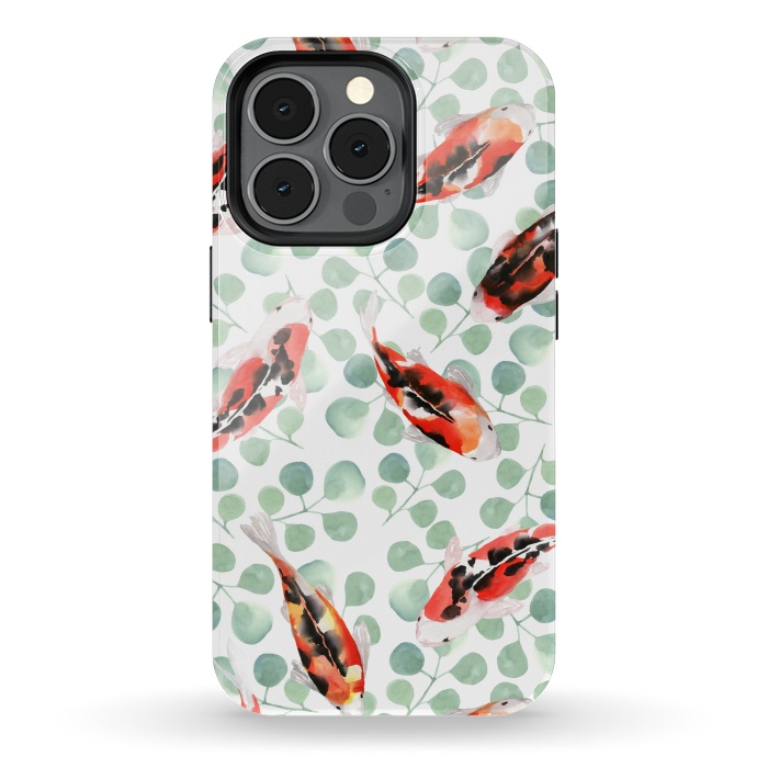 iPhone 13 pro StrongFit Koi fish. White pattern by Julia Badeeva