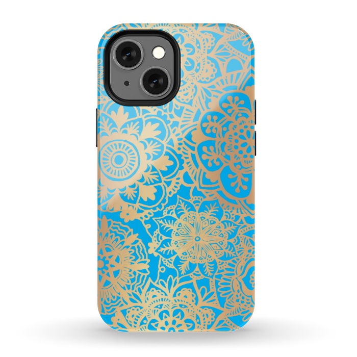 iPhone 13 mini StrongFit Light Blue and Gold Mandala Pattern by Julie Erin Designs