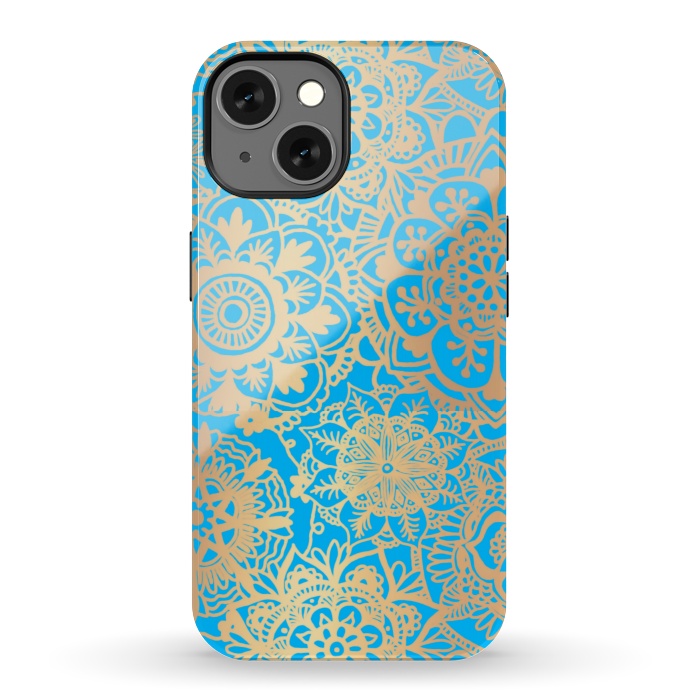 iPhone 13 StrongFit Light Blue and Gold Mandala Pattern by Julie Erin Designs