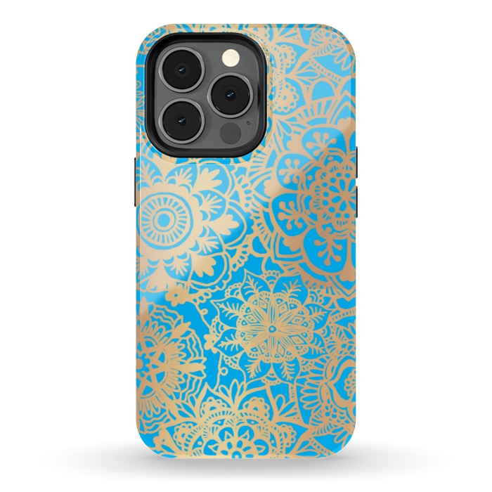 iPhone 13 pro StrongFit Light Blue and Gold Mandala Pattern by Julie Erin Designs
