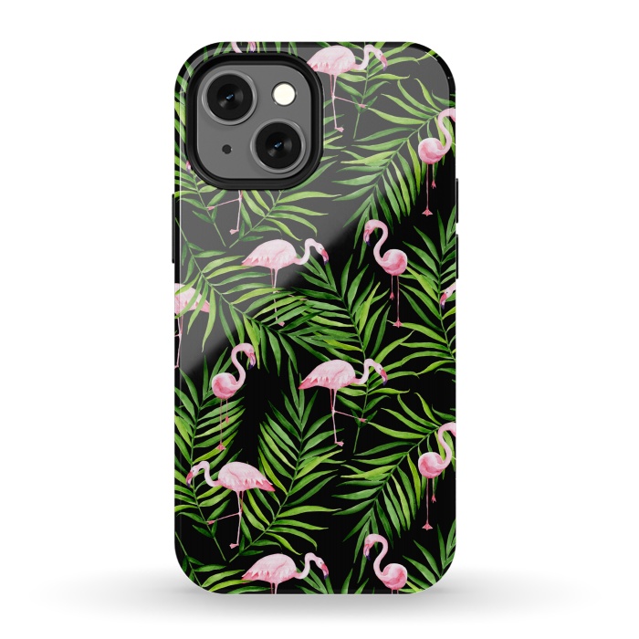 iPhone 13 mini StrongFit Pink flamingo ang palm leaves by Julia Badeeva