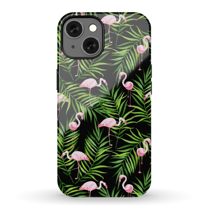iPhone 13 StrongFit Pink flamingo ang palm leaves by Julia Badeeva