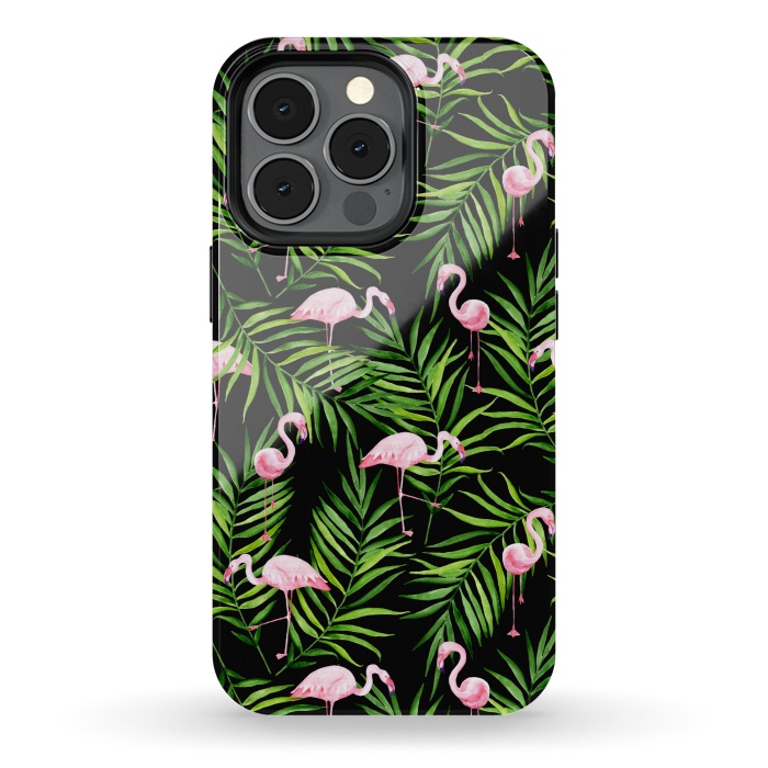 iPhone 13 pro StrongFit Pink flamingo ang palm leaves by Julia Badeeva