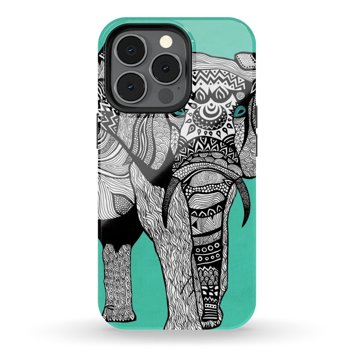 iPhone 13 pro StrongFit Turquoise Elephant by Pom Graphic Design