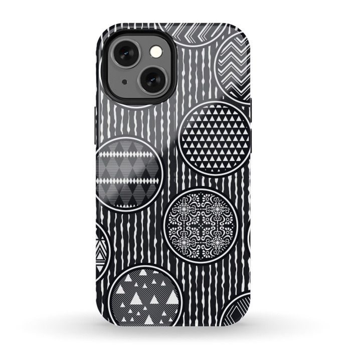 iPhone 13 mini StrongFit black and white circular pattern by MALLIKA