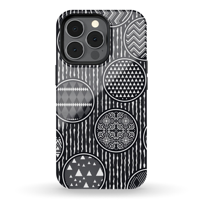 iPhone 13 pro StrongFit black and white circular pattern by MALLIKA