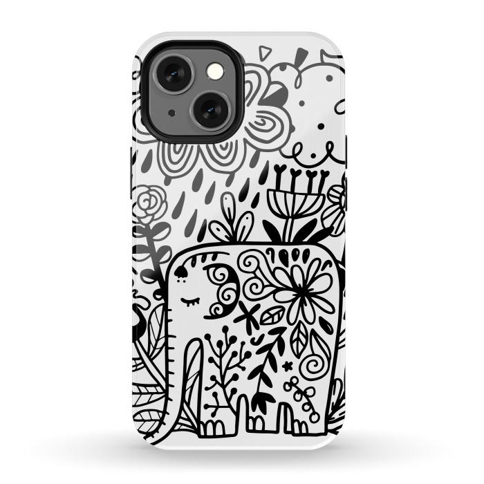 iPhone 13 mini StrongFit Doodle elephant and flowers by Anna Alekseeva