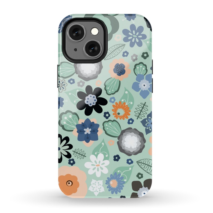 iPhone 13 mini StrongFit Kitsch 70s Flowers in Light Blue by Paula Ohreen