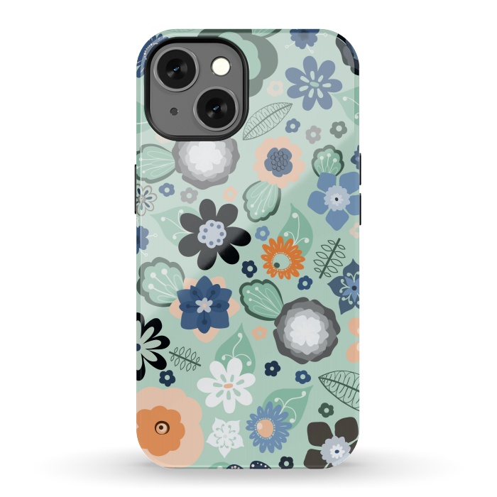 iPhone 13 StrongFit Kitsch 70s Flowers in Light Blue by Paula Ohreen