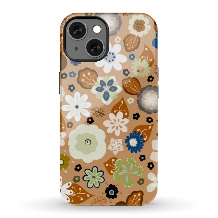 iPhone 13 StrongFit Kitsch 70s Flowers in Classic Blue and Brown by Paula Ohreen