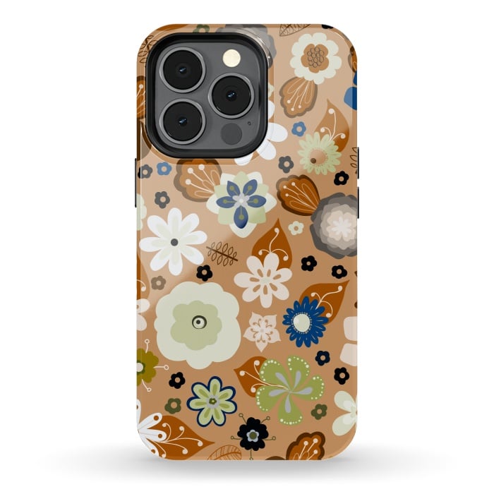 iPhone 13 pro StrongFit Kitsch 70s Flowers in Classic Blue and Brown by Paula Ohreen
