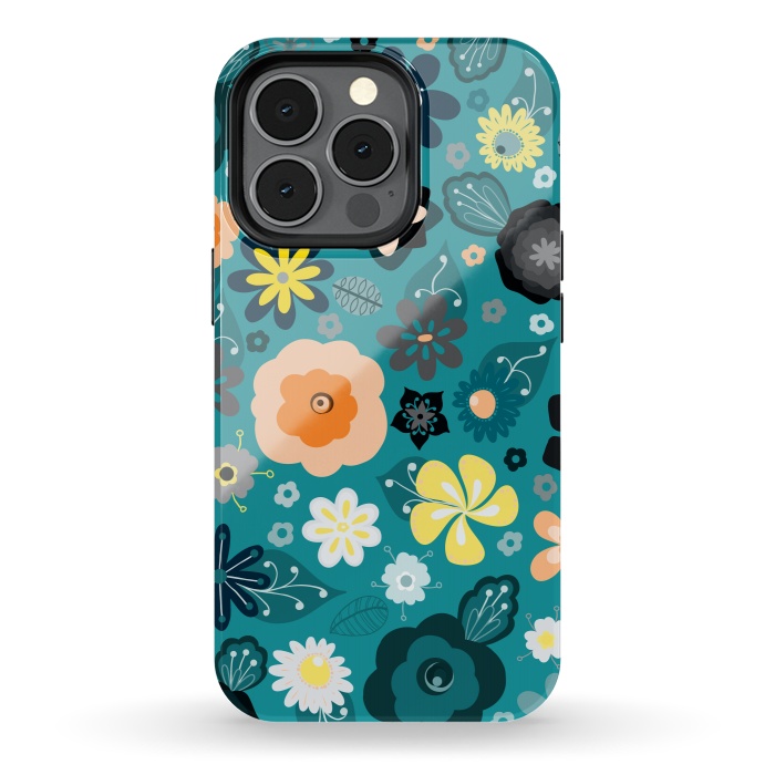 iPhone 13 pro StrongFit Kitsch 70s Flowers in Classic Blue and Yellow by Paula Ohreen