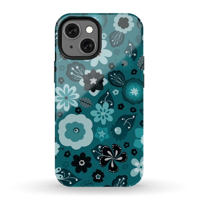 iPhone 13 mini StrongFit Kitsch 70s Flowers in Monochrome Classic Blue by Paula Ohreen