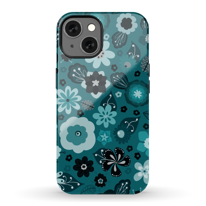 iPhone 13 StrongFit Kitsch 70s Flowers in Monochrome Classic Blue by Paula Ohreen