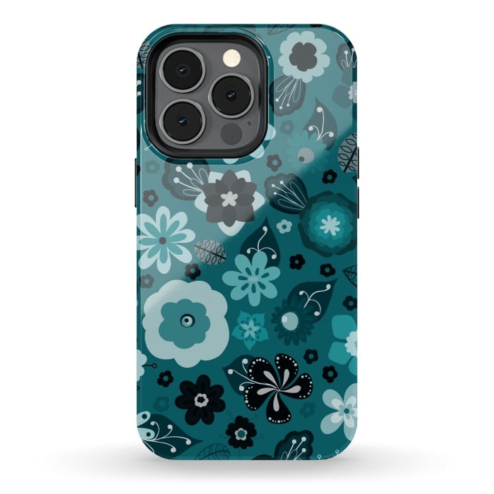 iPhone 13 pro StrongFit Kitsch 70s Flowers in Monochrome Classic Blue by Paula Ohreen