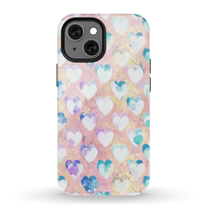 iPhone 13 mini StrongFit Pastel painted hearts on pink marble Valentine by Oana 