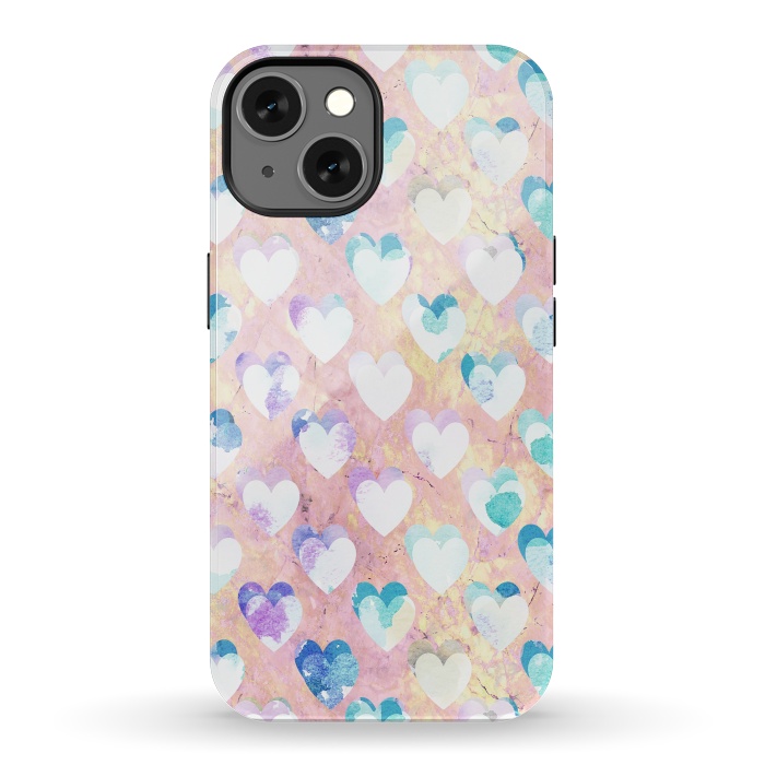 iPhone 13 StrongFit Pastel painted hearts on pink marble Valentine by Oana 
