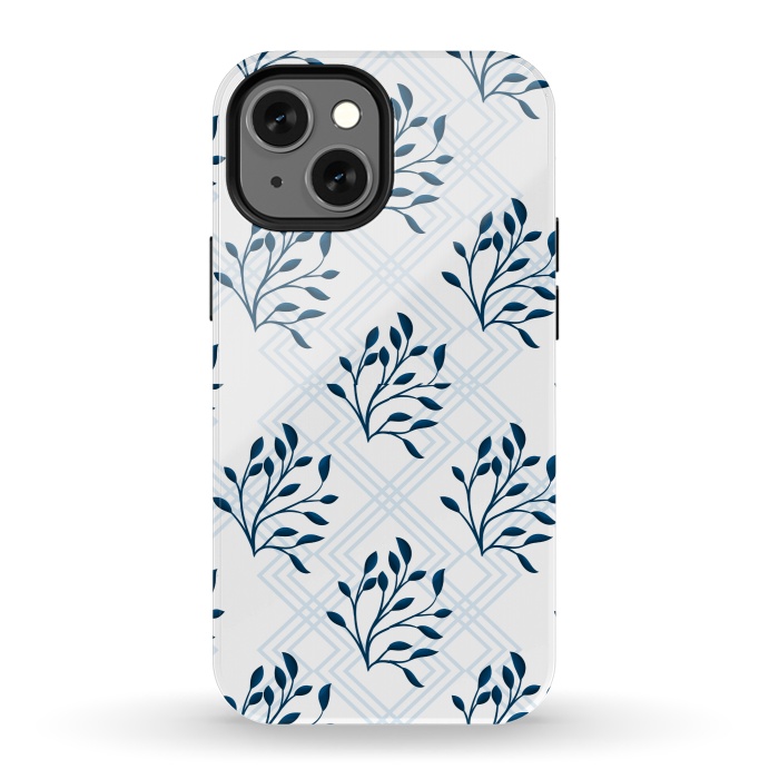 iPhone 13 mini StrongFit checks leaf pattern blue by MALLIKA