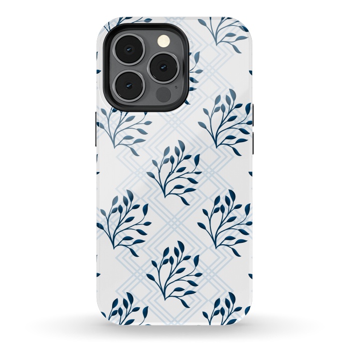 iPhone 13 pro StrongFit checks leaf pattern blue by MALLIKA