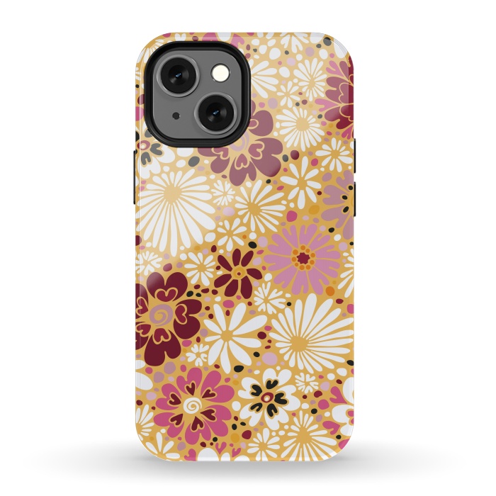 iPhone 13 mini StrongFit 70s Valentine Flowers in Pink, Cream and Yellow by Paula Ohreen