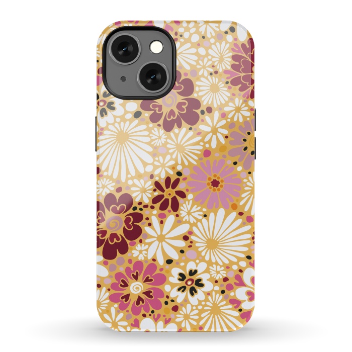 iPhone 13 StrongFit 70s Valentine Flowers in Pink, Cream and Yellow by Paula Ohreen