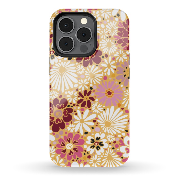 iPhone 13 pro StrongFit 70s Valentine Flowers in Pink, Cream and Yellow by Paula Ohreen