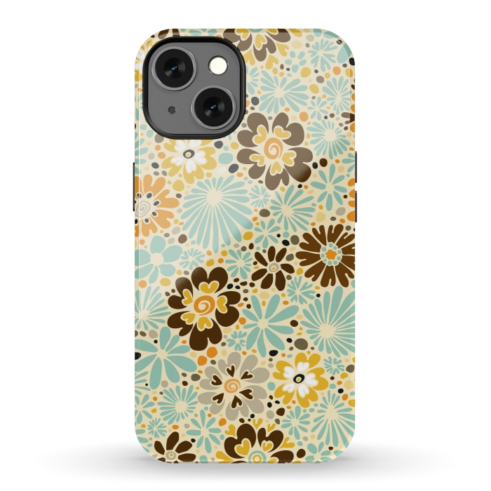 iPhone 13 StrongFit 70s Valentine Flowers in Orange, Brown and Blue by Paula Ohreen