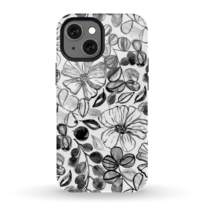 iPhone 13 mini StrongFit Black & White Painted Floral  by Tigatiga