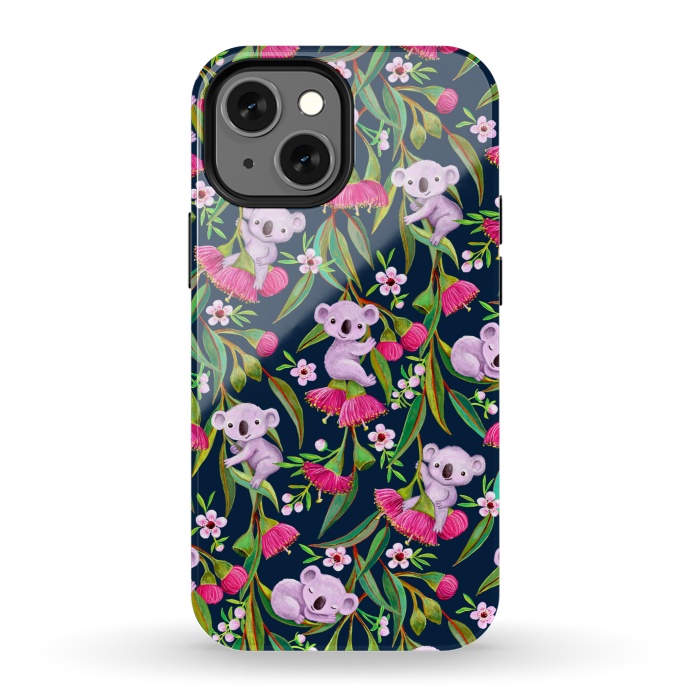iPhone 13 mini StrongFit Teeny Tiny Koalas with Tea Tree Blossoms and Eucalyptus Flowers by Micklyn Le Feuvre