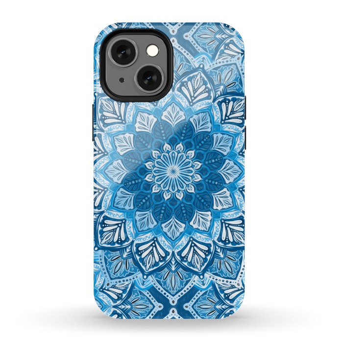 iPhone 13 mini StrongFit Boho Mandala in Monochrome Blue and White by Micklyn Le Feuvre