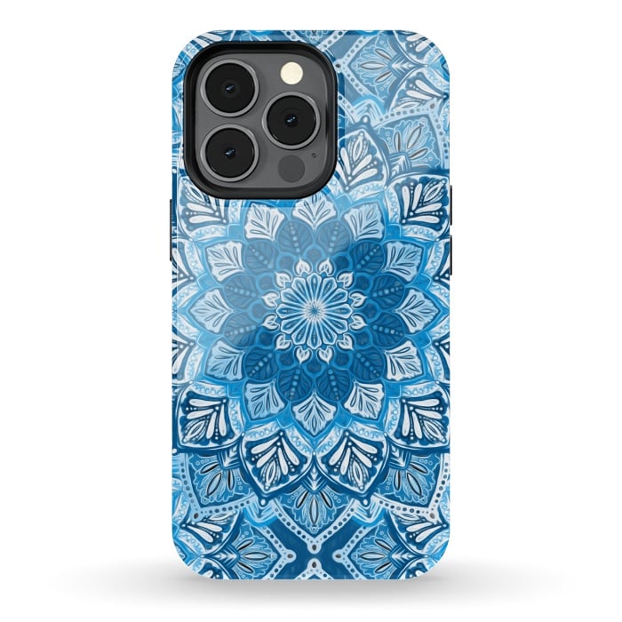 iPhone 13 pro StrongFit Boho Mandala in Monochrome Blue and White by Micklyn Le Feuvre
