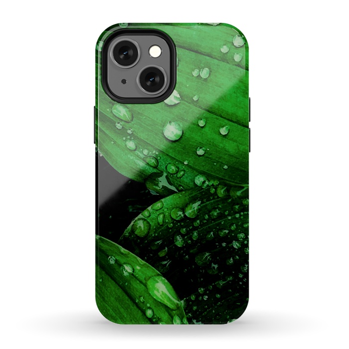 iPhone 13 mini StrongFit green leaf with raindrops by haroulita