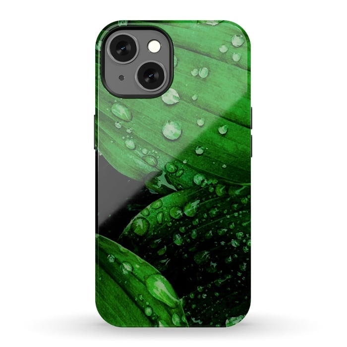 iPhone 13 StrongFit green leaf with raindrops by haroulita