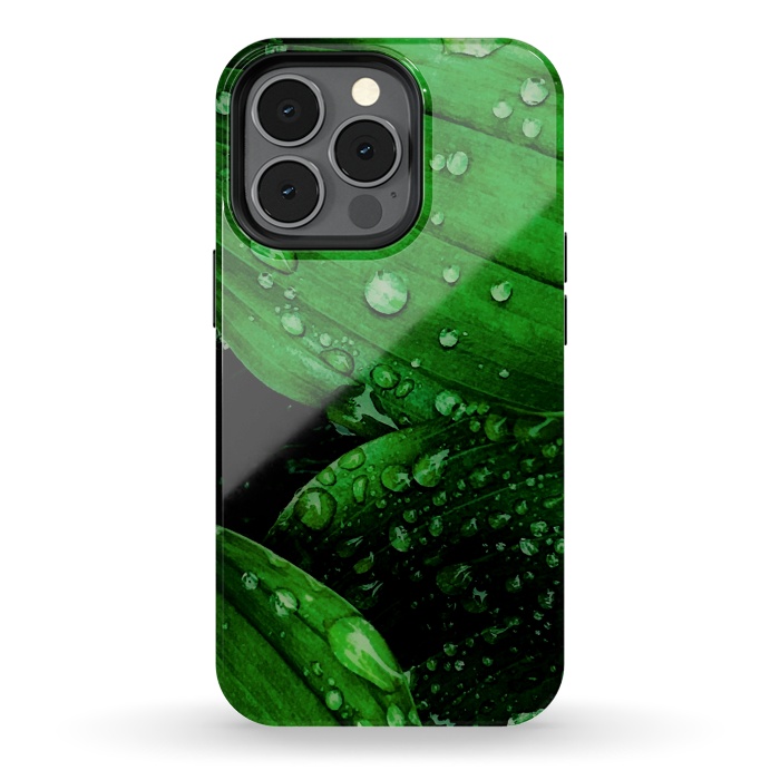 iPhone 13 pro StrongFit green leaf with raindrops by haroulita
