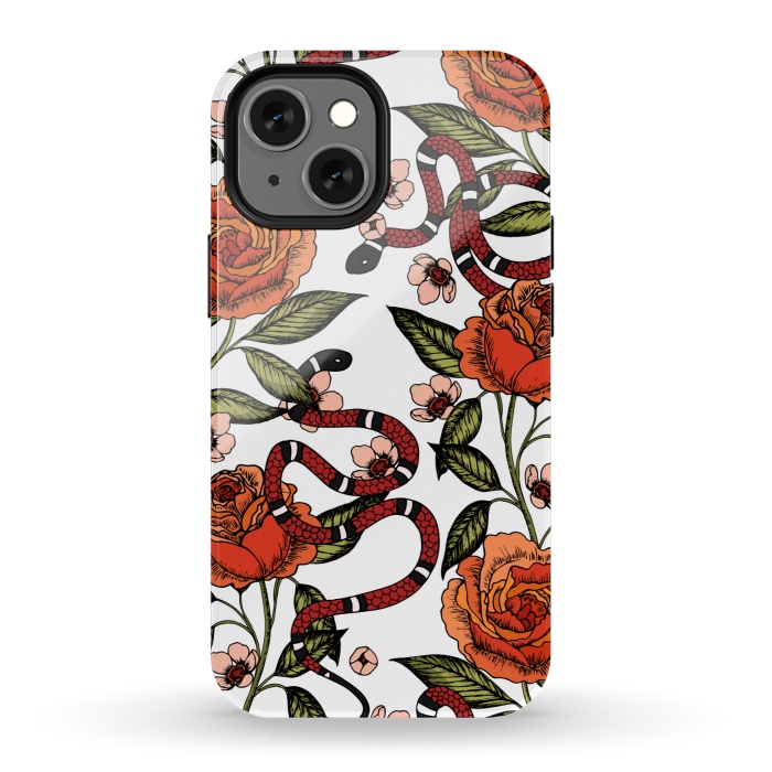 iPhone 13 mini StrongFit Roses and snake. White pattern by Julia Badeeva