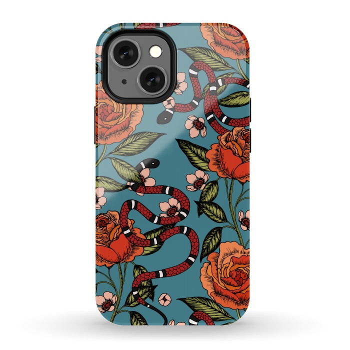 iPhone 13 mini StrongFit Roses and snake. Blue pattern by Julia Badeeva