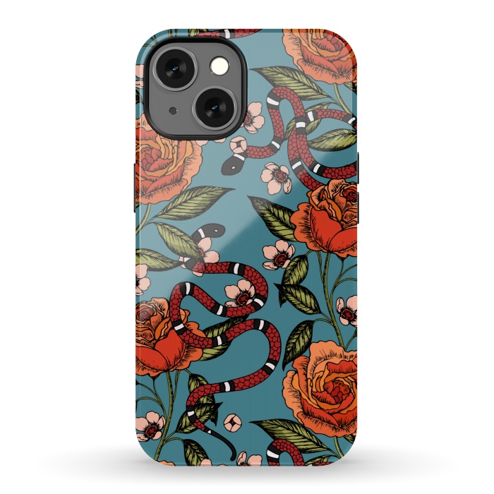 iPhone 13 StrongFit Roses and snake. Blue pattern by Julia Badeeva