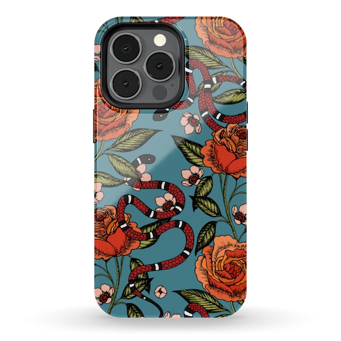 iPhone 13 pro StrongFit Roses and snake. Blue pattern by Julia Badeeva