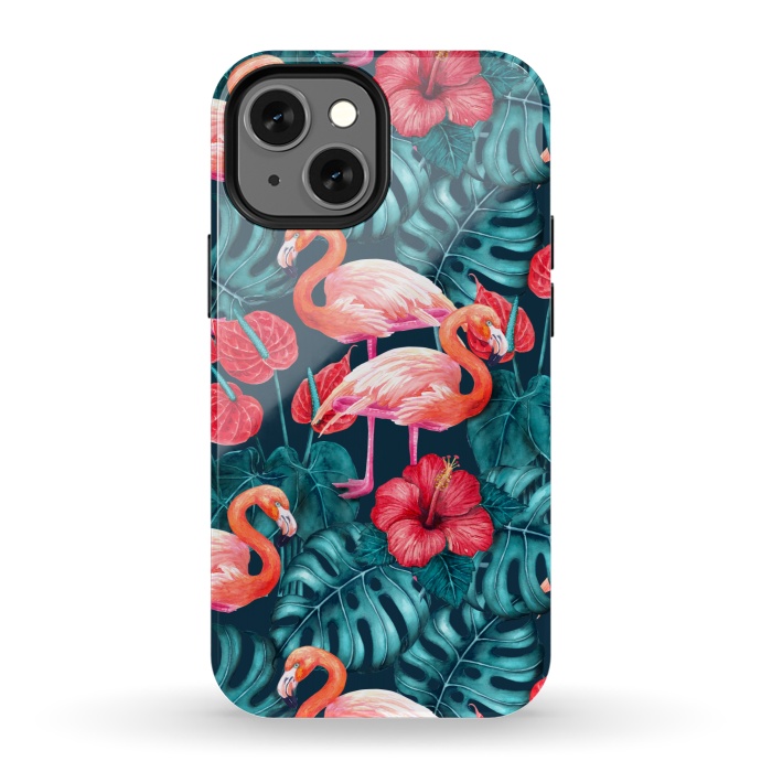 iPhone 13 mini StrongFit Flamingo birds and tropical garden watercolor by Katerina Kirilova