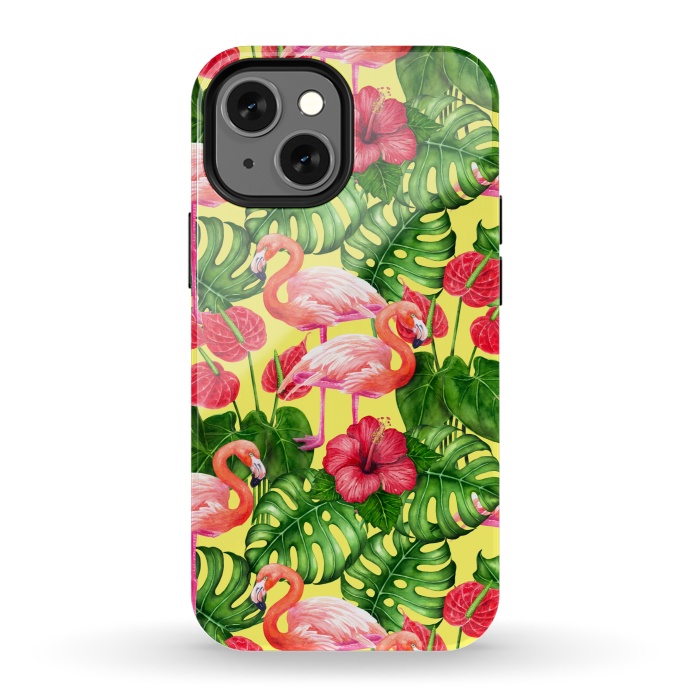 iPhone 13 mini StrongFit Flamingo birds and tropical garden watercolor 2 by Katerina Kirilova
