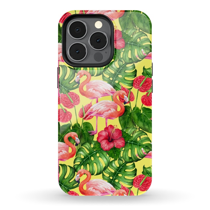 iPhone 13 pro StrongFit Flamingo birds and tropical garden watercolor 2 by Katerina Kirilova