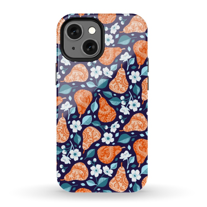 iPhone 13 mini StrongFit Cheerful Pears in Orange on Navy Blue by Micklyn Le Feuvre