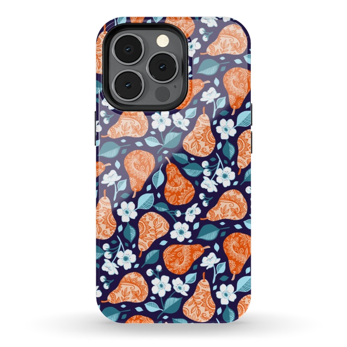 iPhone 13 pro StrongFit Cheerful Pears in Orange on Navy Blue by Micklyn Le Feuvre