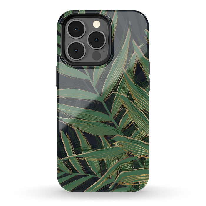 iPhone 13 pro StrongFit Trendy Green Palm Leaves Gold Strokes Gray Design by InovArts