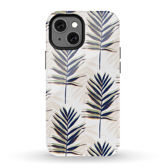 iPhone 13 mini StrongFit Modern Blue Palm Leaves Gold Strokes White Design by InovArts