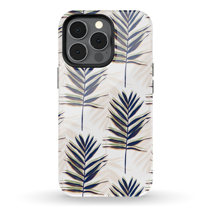 iPhone 13 pro StrongFit Modern Blue Palm Leaves Gold Strokes White Design by InovArts